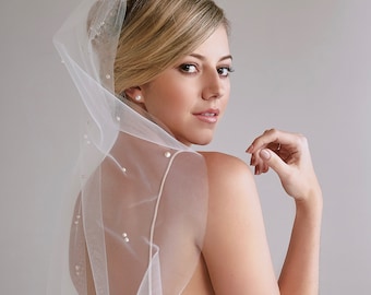 Off white, Single tulle, Wedding veil with pearl stones
