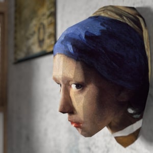 Modello di bambola d'arte con oggetti low poly in carta 3D Modello fai-da-te - La ragazza con l'orecchino di perla - Johannes Vermeer