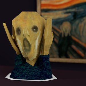 May include: A yellow papercraft sculpture of a person with a wide-open mouth, hands covering their ears, and a blue shirt. The sculpture is in front of a painting of a similar figure.