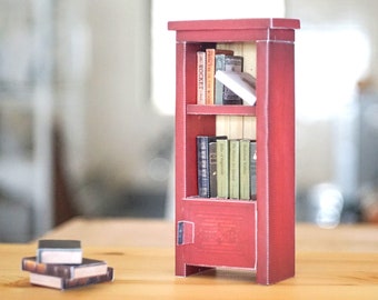 Realistic Miniature Bookshelf, Paper Craft Digital Template Pattern, Dollhouse Miniature Furniture, High Cabinet, Antique Red