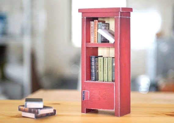 Realistic Miniature Bookshelf, Paper Craft Digital Template Pattern,  Dollhouse Miniature Furniture, High Cabinet, Antique Red 
