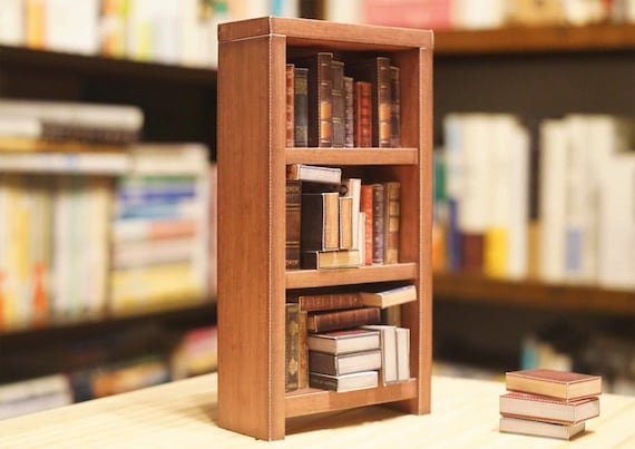 Realistic Miniature Bookshelf, Paper Craft Digital Template Pattern,  Dollhouse Miniature Furniture, Vertical Shelf, Hickory Oiled Finish 