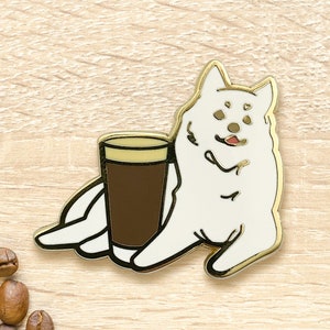 Samoyed Nitro Cold Brew Pin | Espresso Coffee, Dog Collar Charm, White Fluffy, Latte, Frappe, Frappuccino, Gift for Her, Barista Apron