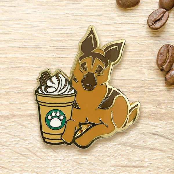 German Shepherd Mocha Frappe Pin | Coffee Hard Enamel, Americano, Espresso, Dark Roast Beans, Dog and Puppy Charm, Frappuccino, Chocolate