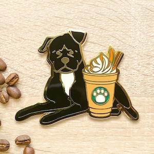 Black Pitbull Pumpkin Spiced Latte Pin | Coffee Americano, Puppy Enamel Pin, Autumn and Winter Charm, Dog Collar, Gift for Her, Dog Toy