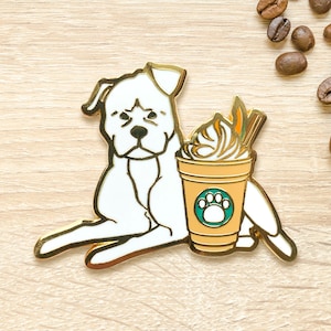 White Pitbull Pumpkin Spiced Latte Pin | Coffee Americano, Puppy Enamel Pin, Autumn and Winter Charm, Dog Collar, Gift for Her, Dog Toy