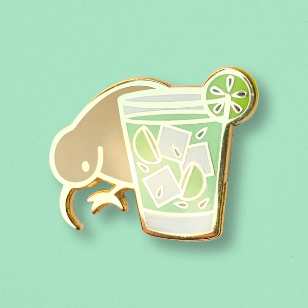 Kiwi Caipiroska Pin | New Zealand Bird Enamel Pin, Summer Cocktail Charm, Green Toy and Gift for Her, Fruit Necklace and Lapel Pin