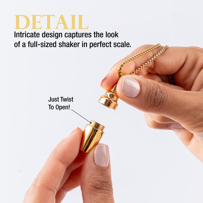 May include: A gold-colored pendant necklace with a small, detailed shaker design. The pendant unscrews to open. Text on the image reads "DETAIL" and "Just Twist To Open!"