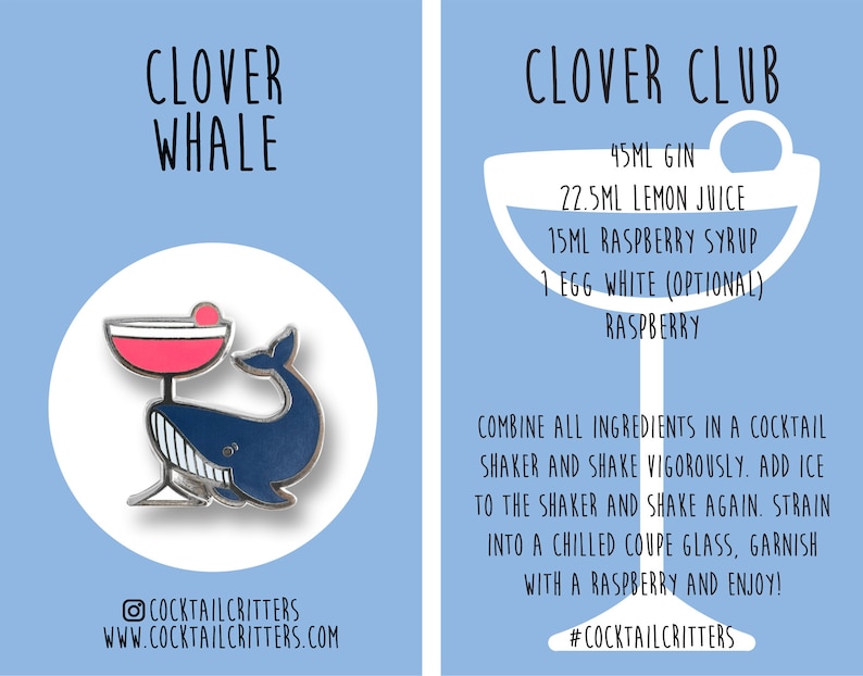 Może przedstawiać: Ilustracja niebieskiego wieloryba z kieliszkiem koktajlowym w pysku. Tekst "CLOVER WHALE" znajduje się na g&oacute;rze karty. Tekst "COCKTAILCRITTERS" i "WWW.COCKTAILCRITTERS.COM" znajduje się na dole karty. Karta zawiera r&oacute;wnież przepis na koktajl "CLOVER CLUB", kt&oacute;ry zawiera 45 ml ginu, 22,5 ml soku z cytryny, 15 ml syropu malinowego, 1 białko jaja (opcjonalnie) i malinę.