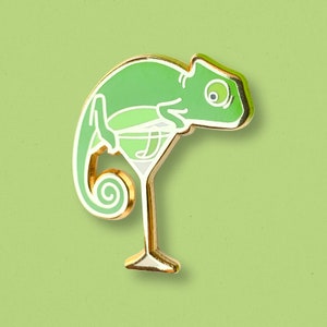 Chameleon Last Word Pin | Reptile Lizard Enamel Pin, Wildlife Forrest Design, Pascal, Plant and Gecko Print, Gin Cocktail, Toy, Jewelry