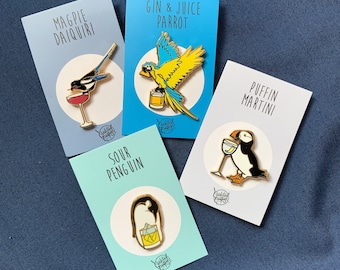 Blue Birds Pin Set | Penguin, Puffin, Parrot, Magpie, Gin Juice, Martini, Whisky Sour, Daiquiri, Jewelry, Brooch, Vodka, Cocktails
