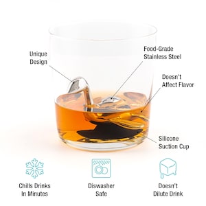 May include: A stainless steel swan-shaped ice mold chills drinks without diluting them. It features a silicone suction cup to keep it in place and is dishwasher safe.