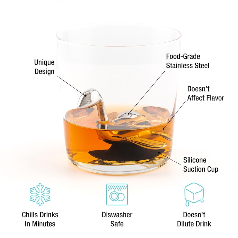 May include: A stainless steel swan-shaped ice mold chills drinks without diluting them. It features a silicone suction cup to keep it in place and is dishwasher safe.