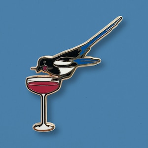 Magpie  Blackcurrant Daiquiri Pin | Cocktail Enamel Pin, Wildlife Bird Brooch, Bird Coop, Summer Berries, Cute Blue Bird, Birdie Toy
