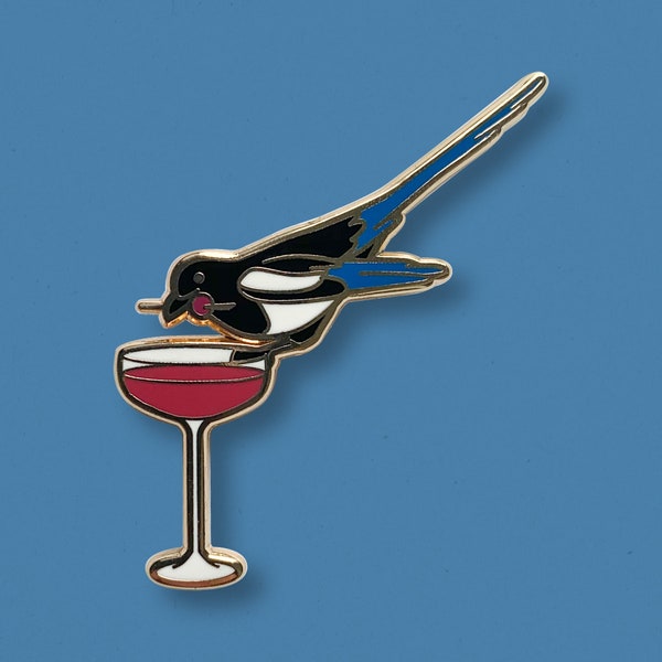 Magpie  Blackcurrant Daiquiri Pin | Cocktail Enamel Pin, Wildlife Bird Brooch, Bird Coop, Summer Berries, Cute Blue Bird, Birdie Toy