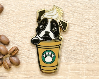 Boston Terrier White Chocolate Frappe Pin | Espresso Coffee, Dog Collar Charm, White Fluffy, Latte, Frappuccino, Gift for Her, Barista Apron