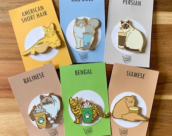 Coffee Cats Pin Set | Coffee, Americano, Espresso, Dark Roast, Beans, Cat, Kitty, Kitten, Neko, Frappuccino, Iced, Siamese, Bengal, Persian