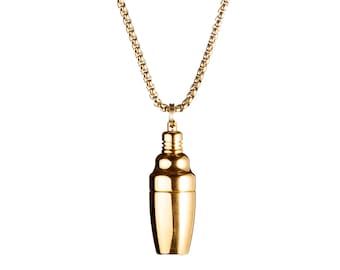 Gold Mini Cocktail Shaker Necklace: Stainless Steel Bartender Pendant