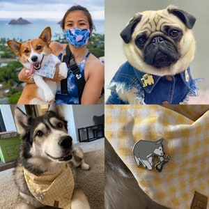 Puede incluir: Un collage de cuatro im&aacute;genes con perros que llevan bandanas y pines. La imagen superior izquierda muestra un corgi con una bandana arco&iacute;ris con un pin de un perro con un hueso. La imagen superior derecha muestra un pug con una chaqueta vaquera con un pin de un perro con una copa de martini. La imagen inferior izquierda muestra un husky con una bandana a cuadros amarillo y blanco con un pin de un perro con un hueso. La imagen inferior derecha muestra una bandana a cuadros amarillo y blanco con un pin de un perro con un hueso.
