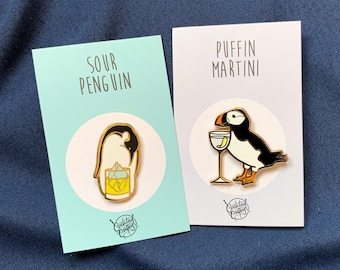 Zestaw srebrnych przypinek Penguin & Puffin: Koktajlowe stworzonka