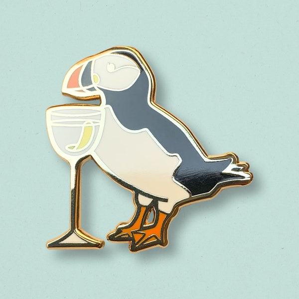 Puffin Vodka Martini Pin | Iceland Souvenir, Snow and Snowfall Enamel Pin, Iceberg Winter, Vesper Martini Gift, Gin and Vodka Martini Set