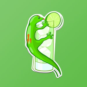 Gecko & Tonic Sticker / Fun Cute, Adorable and Perfect for Autumn or Spring, Reptile Anfibio Pet, Gin, PVC and Water-Resistant