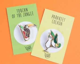 Cocktail Critters Enamel Pin Set: Toucan & Parakeet Lapel Pins