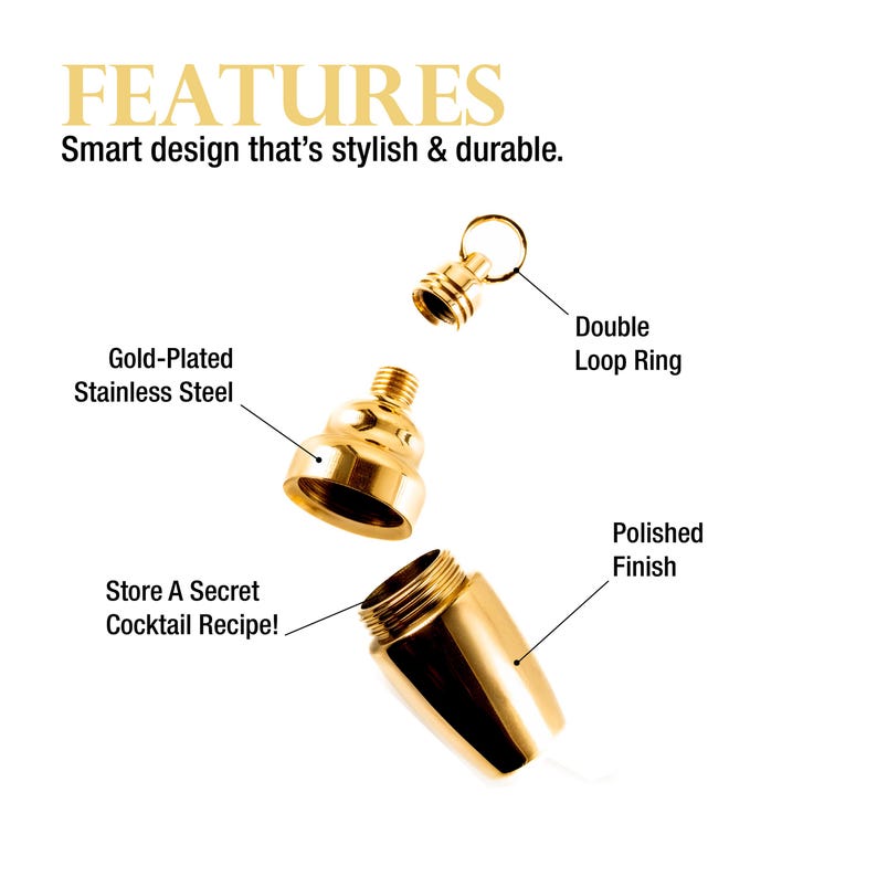 May include: A gold-plated stainless steel cocktail shaker with a polished finish. The image highlights the features: a double loop ring, and the ability to store a secret cocktail recipe. Text reads "FEATURES" and "Smart design that's stylish & durable."