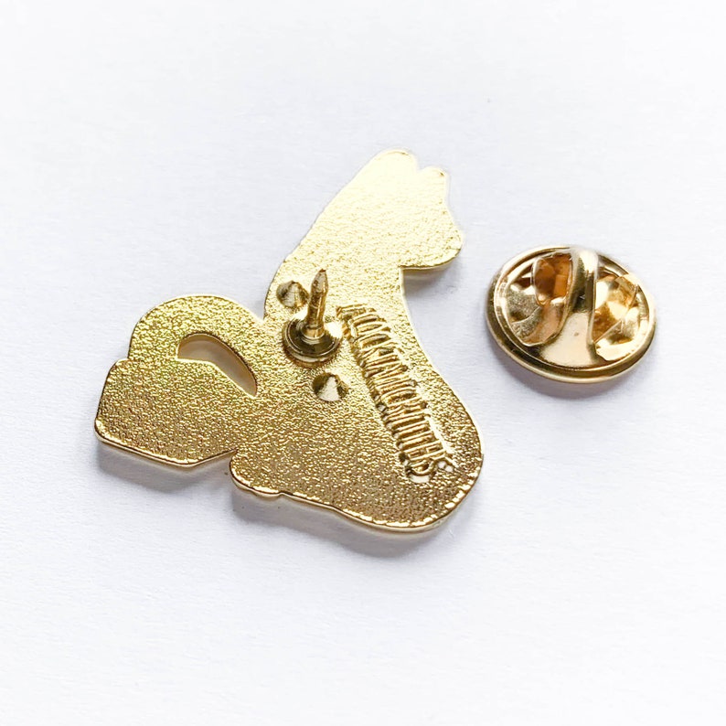 Puede incluir: Pin de esmalte de color dorado con una ardilla de dibujos animados sentada sobre sus patas traseras. La parte posterior del pin tiene un cierre de seguridad y el texto "LUCKYCHARMS".