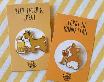 Zestaw przypinek emaliowanych Corgi: Beer Fetch, Manhattan Cocktail Critters
