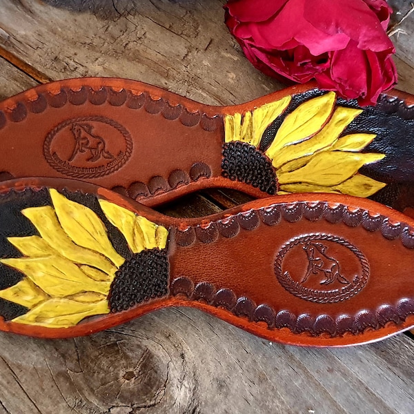 Hand Carved Leather Slobber Straps - Sunflowers