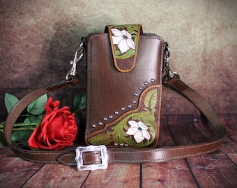 Genuine Leather Handmade Western Cowgirl Purse with Tooled White Flowers and Vines