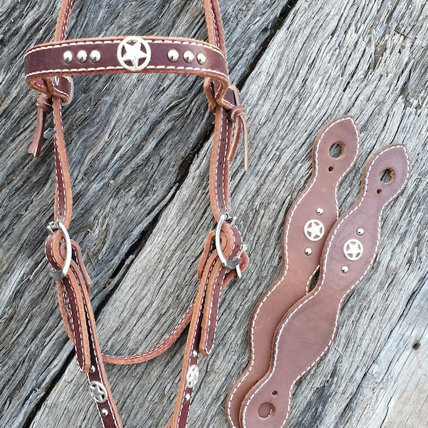 Leather Headstall Set with Slobber Straps Texas Star Conchos Cob Sized Hand Crafted Western Tack