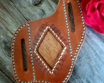 HANDMADE Genuine Leather Pocket Knife Pouch/Sheath with Hair On Hide Inlay
