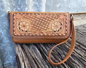 Genuine Leather Handmade Western Tooled Clutch with Buck Stitching