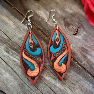 Genuine Leather Handmade Tooled Earrings with Copper and Turquoise