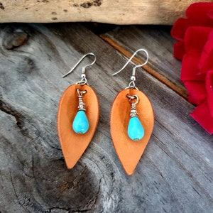 Genuine Leather Handmade Earrings with Turquoise Drops COWGIRL CANDY - 766