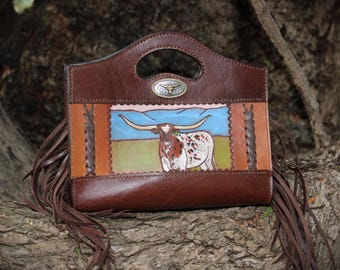 Genuine Leather Handmade 'Lady Longhorn' Western Cowgirl Purse with Fringe