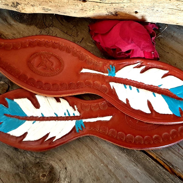 Hand Carved Leather Slobber Straps - Blue/White Feathers - Heavy Duty Working Horse Equipment