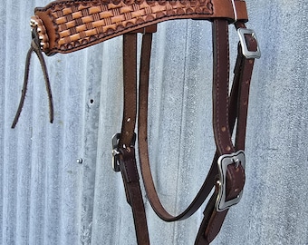 Handmade Leather Wide Basket Stamped Browband Headstall 'Dark Horse Collection' - "Goldmine"