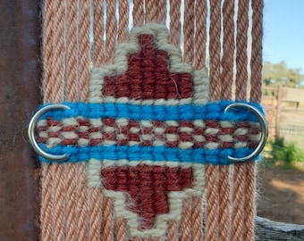 Handmade Mohair Horse Cinch: Burnt Sienna, Maroon & Blue - 34"
