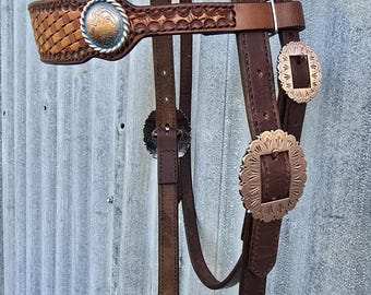 Handmade Leather Wide Basket Stamped Browband Headstall 'Dark Horse Collection' - "Snitch"