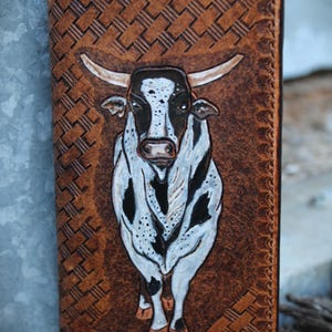 Cartera de cuero genuino para hombre tallada a mano con diseño de cuerda "Playin With The Big Boys" y forro de piel de canguro con diseño de jinete de toro