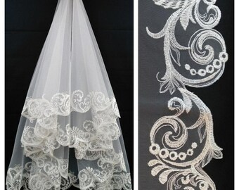 Wedding White Veil One Layer Wedding Veil bridal veil, wedding veil lace trim, lace veil Chapel Length Veil