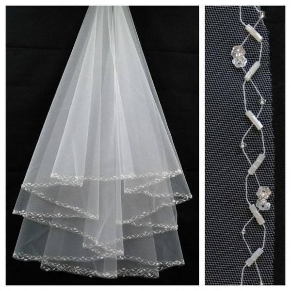 Cathedral Wedding Veil with Beaded Chapel Edges Fingertip Length Beaded Wedding Veil