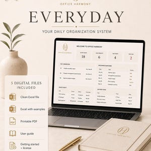 Puede incluir: Un sistema de organización digital titulado Office Harmony Everyday en la pantalla de un portátil, con listas de tareas y prioridades. Un cuaderno a juego y un bolígrafo dorado están cerca, junto a una lista de cinco archivos digitales.