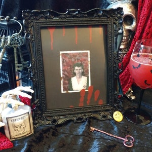 May include: A black framed picture with a woman in a white dress and red background. The picture is surrounded by red handprints. A glass of red liquid with black bats on it sits on a black surface with a skeleton hand holding a bottle labeled "Crushed Skull Dust".