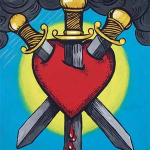 May include: A painting of a red heart pierced by three swords. The swords have gold handles and gray blades. The background features a yellow sun, blue sky, and dark gray clouds.