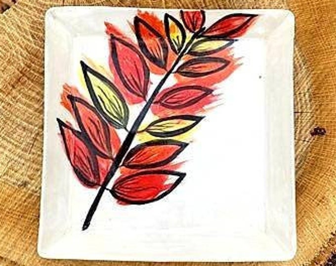 Handmade ceramic plate, hand painted pottery plate, slab built pottery serving tray