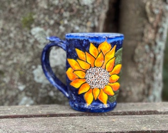 Handmade sunflower pottery mug, wheel thrown pottery mug, ceramic coffee cup